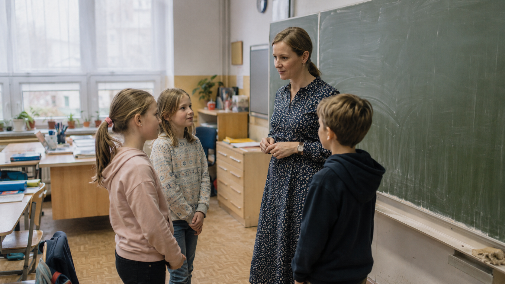 Učitelka rozmlouvá s dětmi u tabule v české třídě